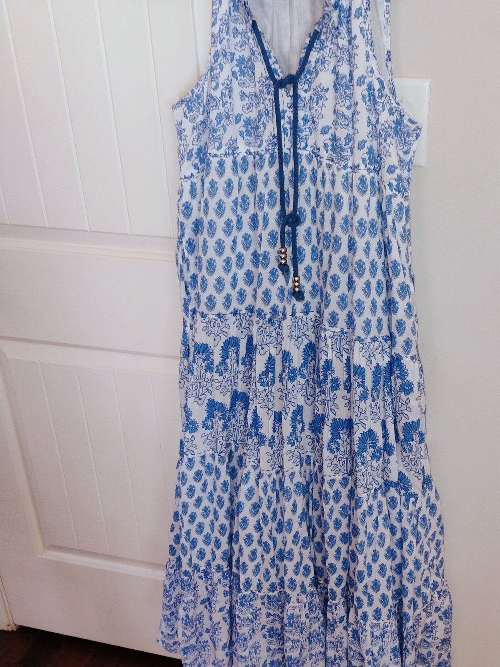 Calypso Blue & White Boho Printed Maxi Dress Sleeveless Tiered Size Small - Picture 10 of 14